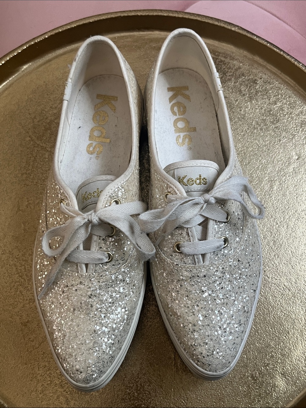 Keds Women's Glitter Lace-Up Sneakers in Creamy White & Champagne sparkle.